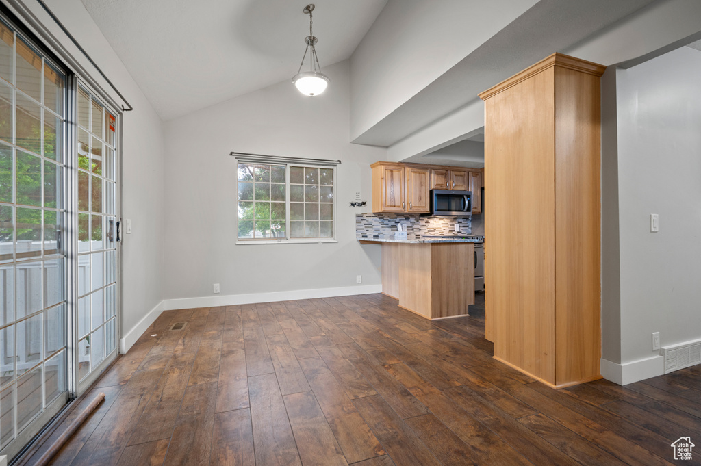 Kitchen featuring stainless steel appliances, dark wood-style flooring, lofted ceiling, tasteful backsplash, and a peninsula