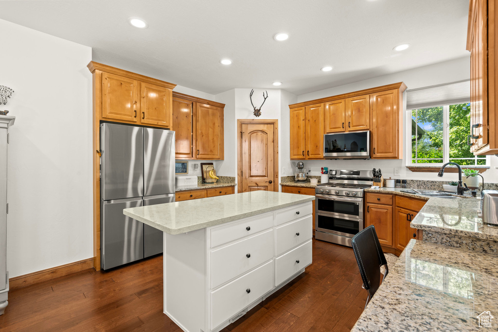 Kitchen featuring stainless steel appliances, a kitchen island, light stone counters, dark wood-style floors, and recessed lighting