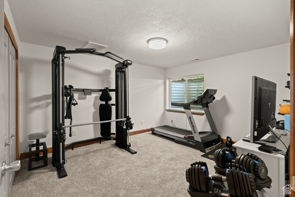 Workout room featuring a textured ceiling and carpet
