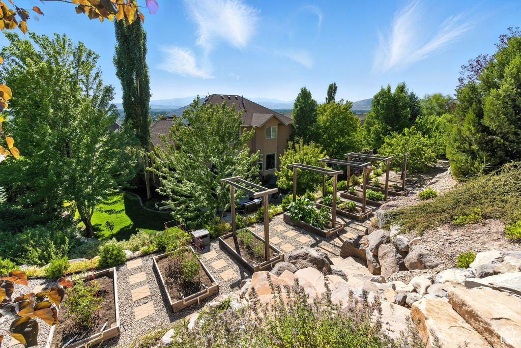 View of yard featuring a vegetable garden and a mountain view