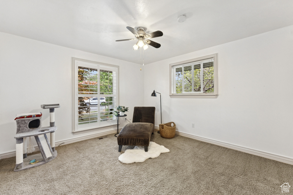 Sitting room with carpet and a ceiling fan