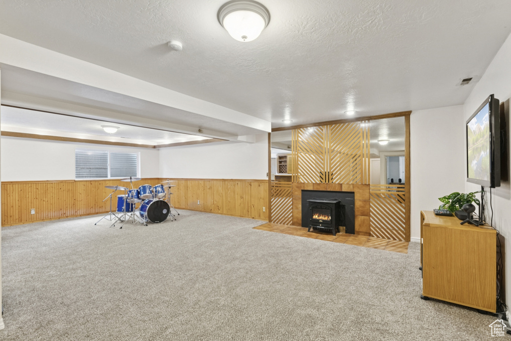 Rec room featuring wood walls, a wood stove, wainscoting, carpet, and a textured ceiling