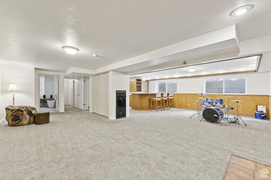 Living area featuring carpet floors, wooden walls, wainscoting, and bar
