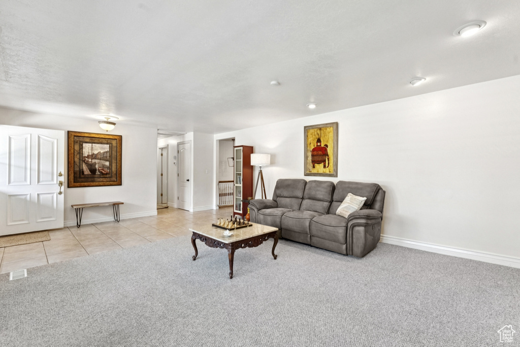 Carpeted living area with baseboards and tile patterned flooring