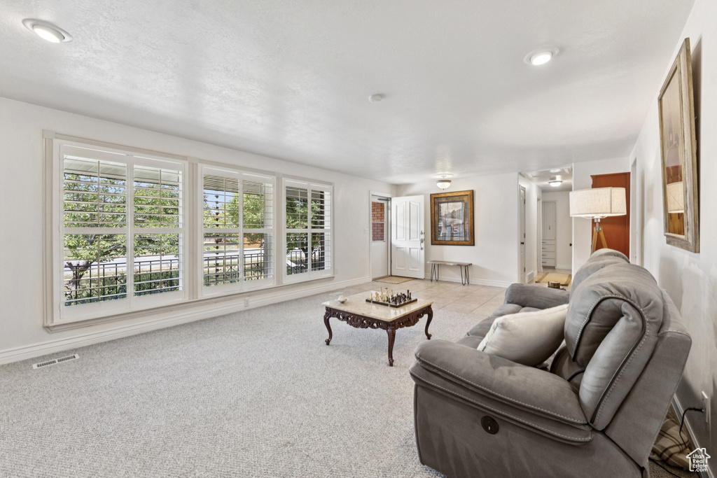Living area featuring carpet floors and baseboards