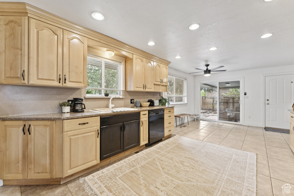 Kitchen featuring dishwasher, light brown cabinetry, ceiling fan, recessed lighting, and light tile patterned floors