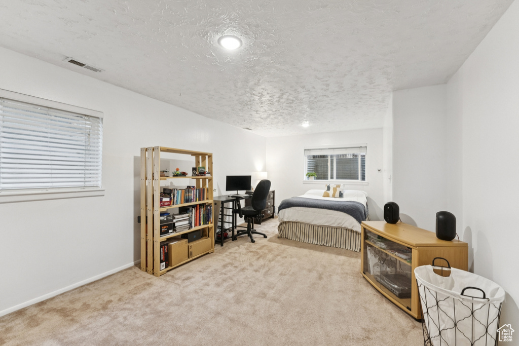 Carpeted bedroom with a desk, a textured ceiling, and multiple windows