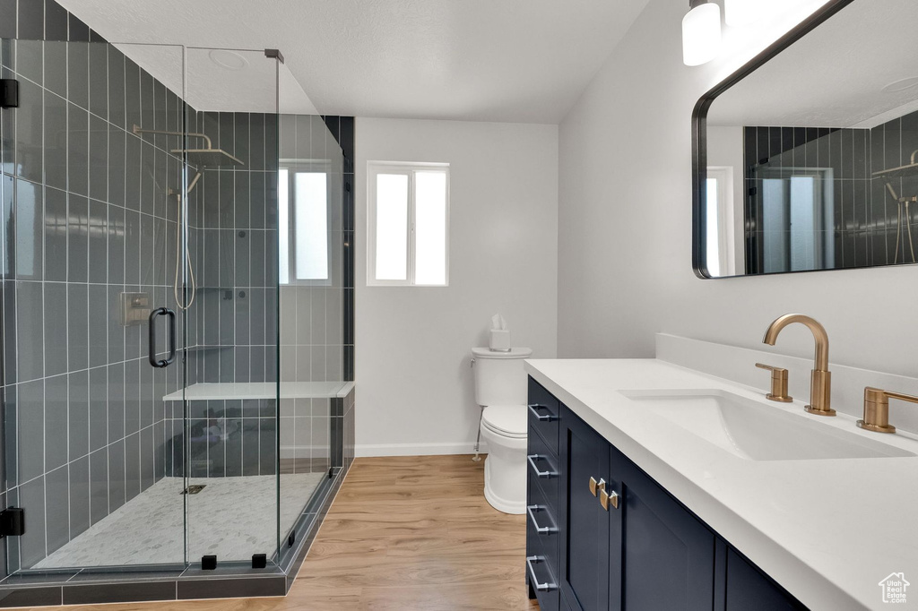 Full bath featuring vanity, a shower stall, and wood finished floors