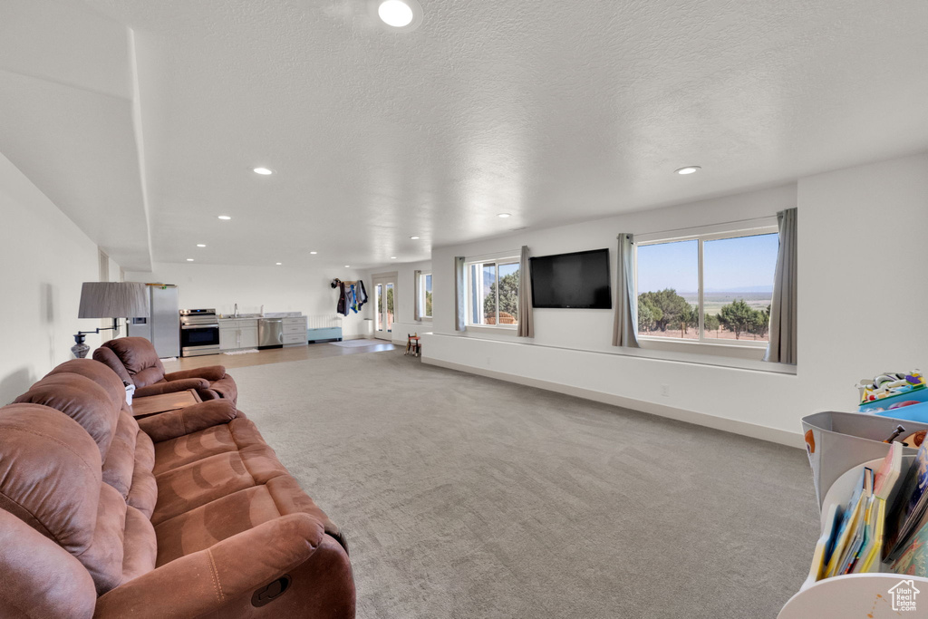 Living area featuring recessed lighting and carpet floors