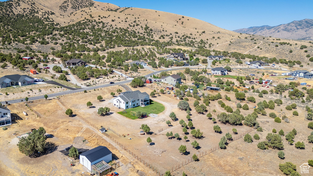 Aerial view of property and surrounding area with a mountain backdrop and a desert landscape