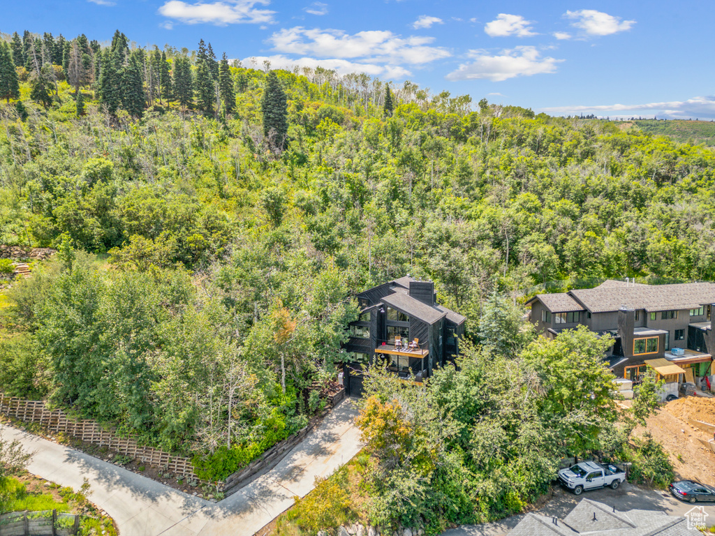 Aerial view of a heavily wooded area