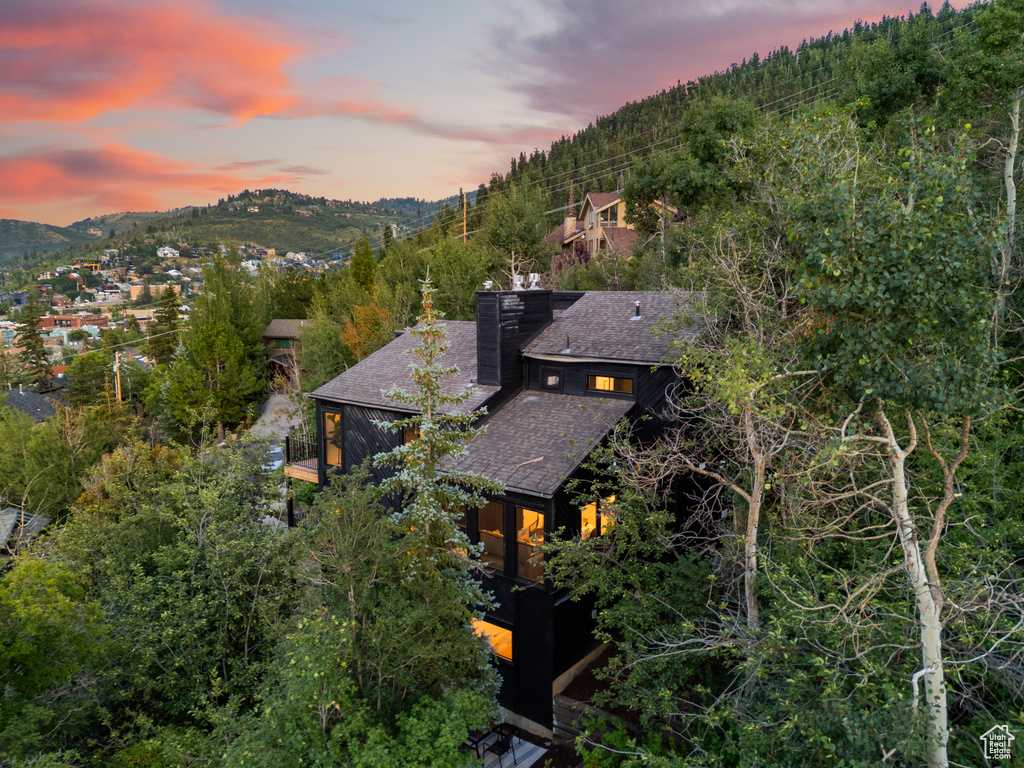 Aerial view at dusk of a mountain view