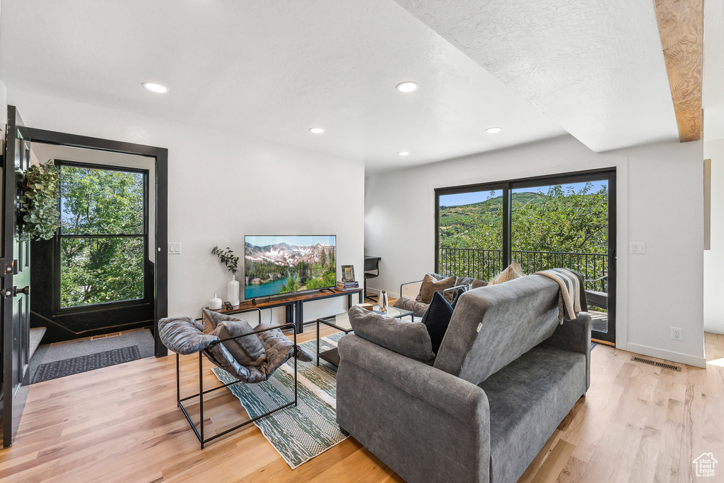 Living area with light wood-style flooring and recessed lighting