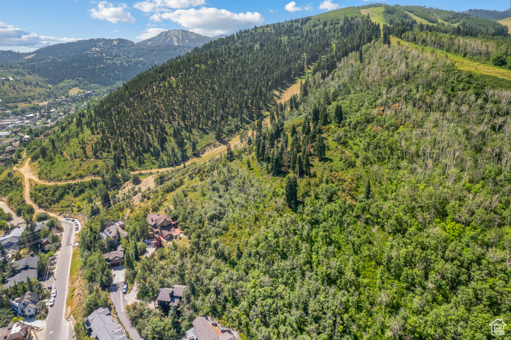 View of property location with a mountainous background and a heavily wooded area
