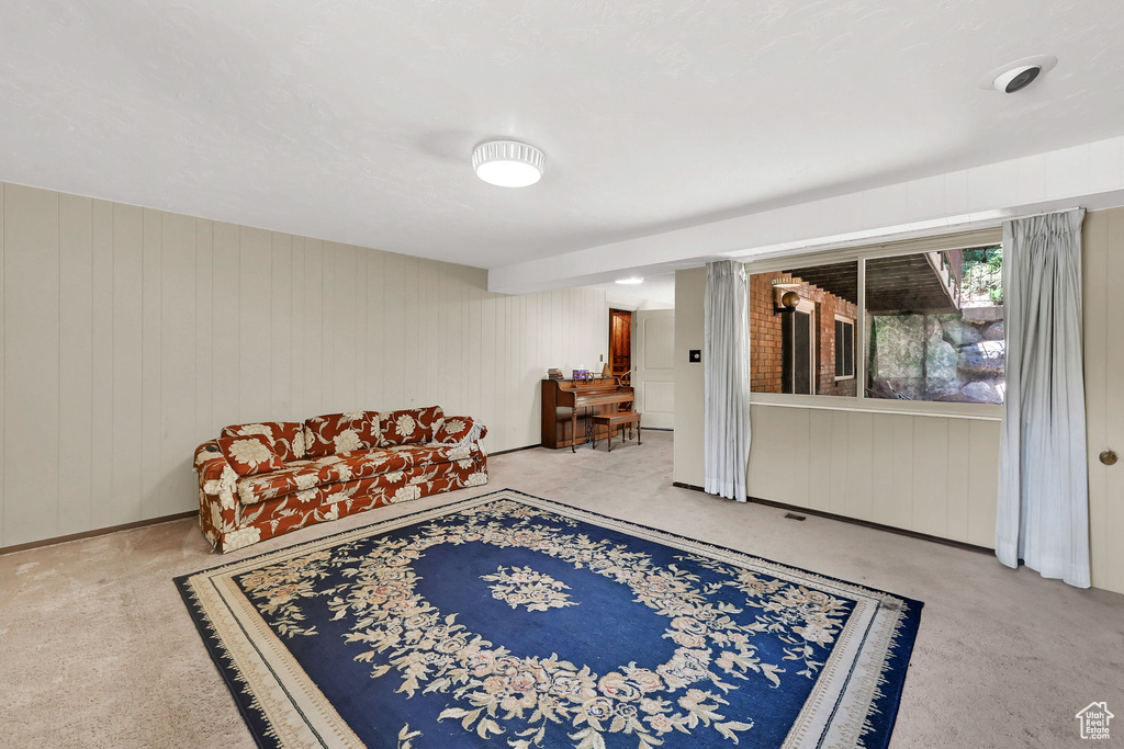 Living area with wood walls