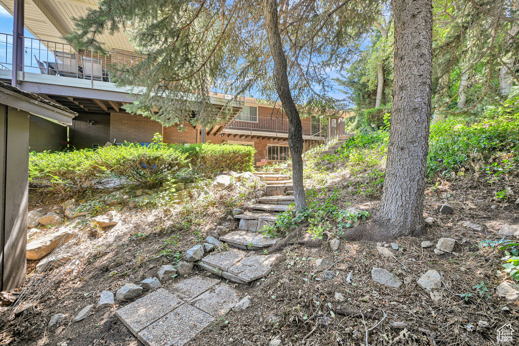View of yard featuring stairs