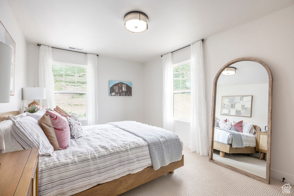 Bedroom featuring multiple windows and carpet
