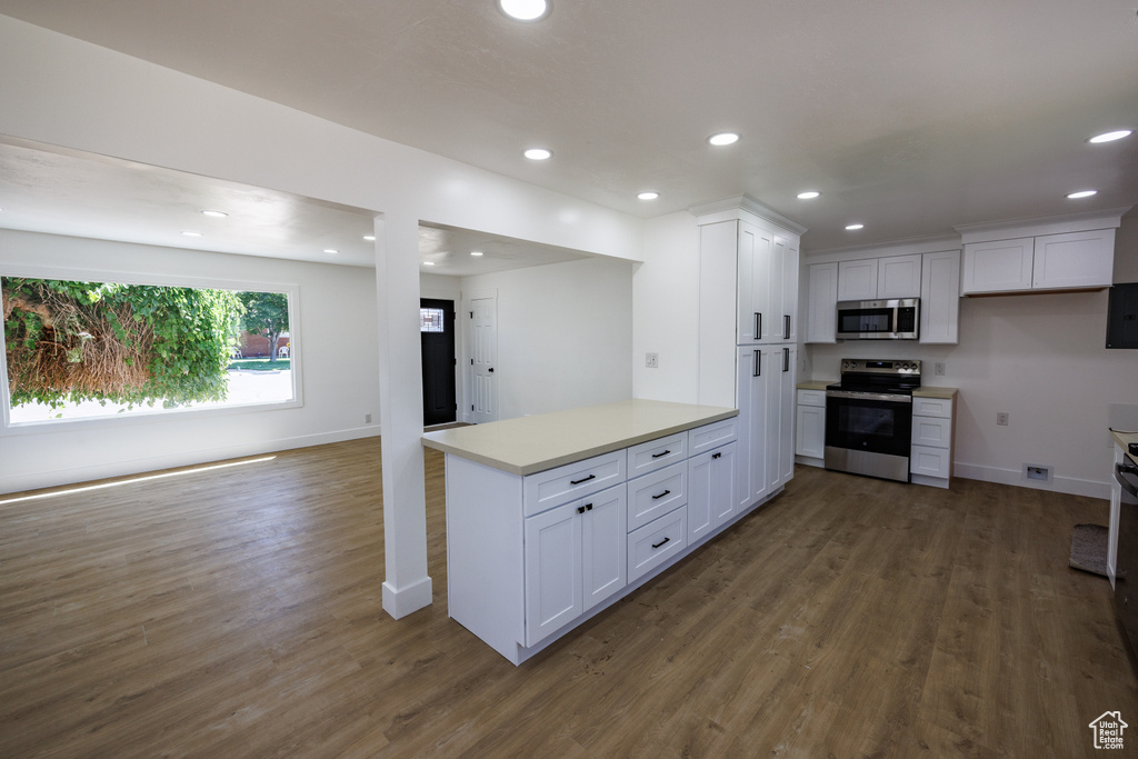 Kitchen featuring stainless steel appliances, recessed lighting, open floor plan, dark wood-style flooring, and white cabinetry
