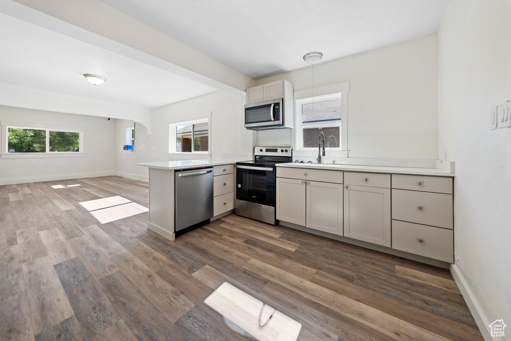 Kitchen with appliances with stainless steel finishes, a peninsula, healthy amount of natural light, and dark wood finished floors