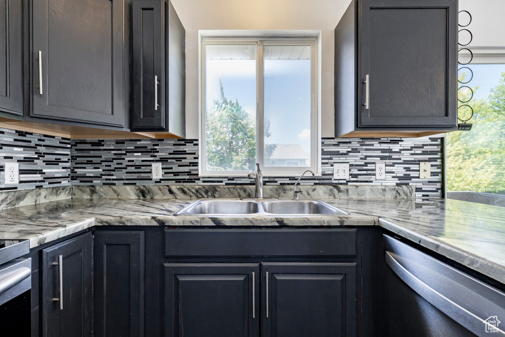 Kitchen with stainless steel dishwasher, backsplash, and range