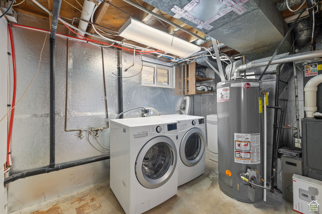 Laundry room featuring gas water heater and washing machine and clothes dryer