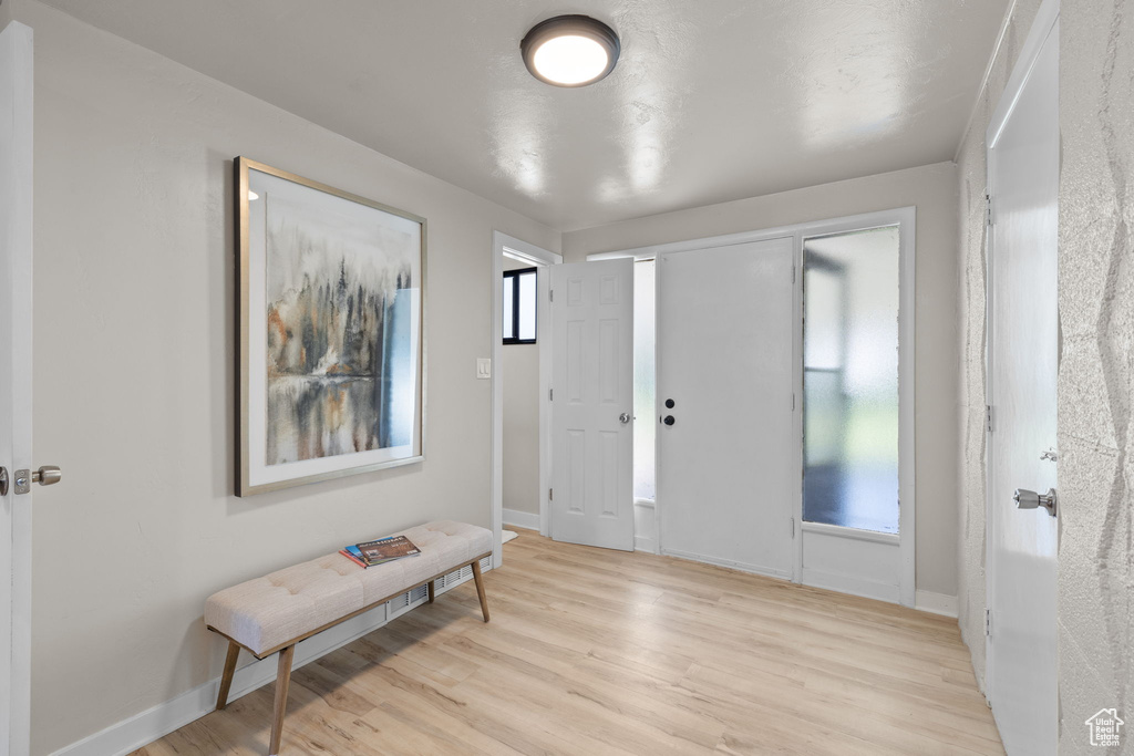 Entrance foyer featuring light wood-style floors