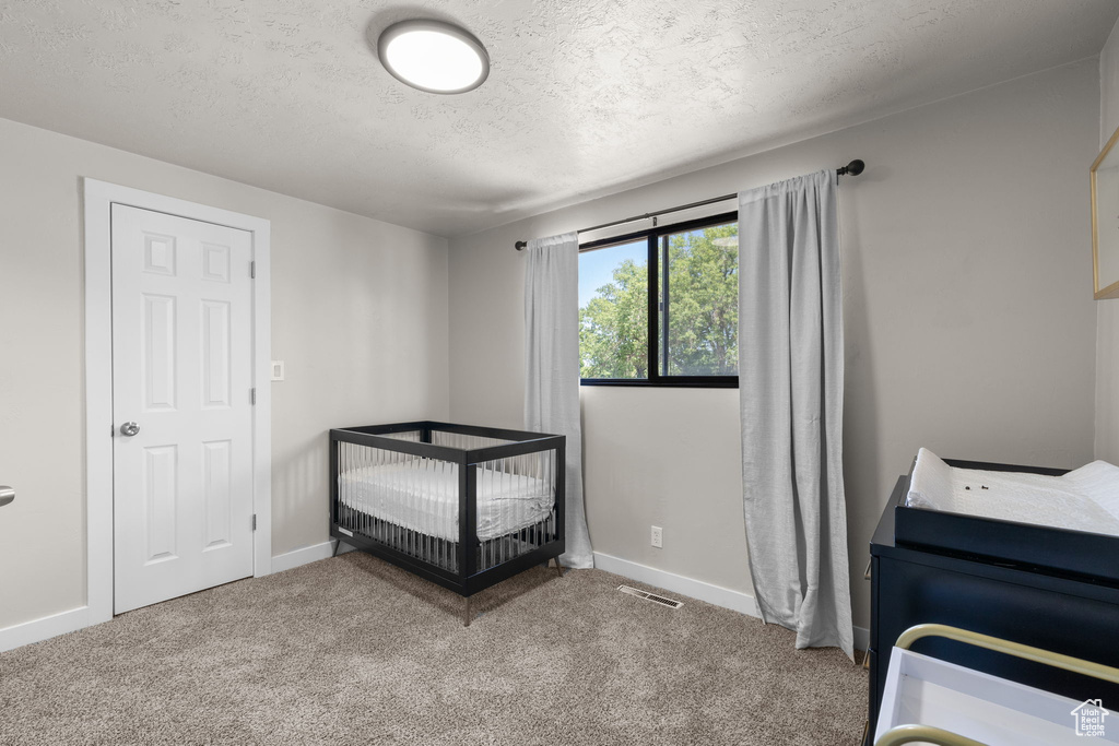 Carpeted bedroom featuring a textured ceiling and a crib