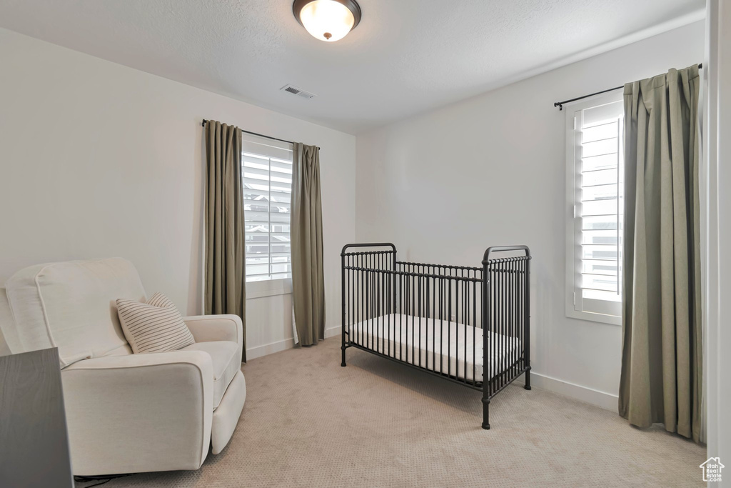 Bedroom featuring multiple windows, light carpet, and a crib