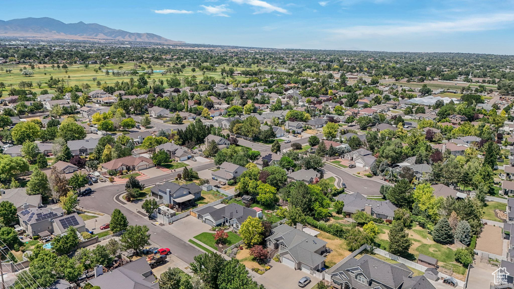 Aerial view of residential area with mountains