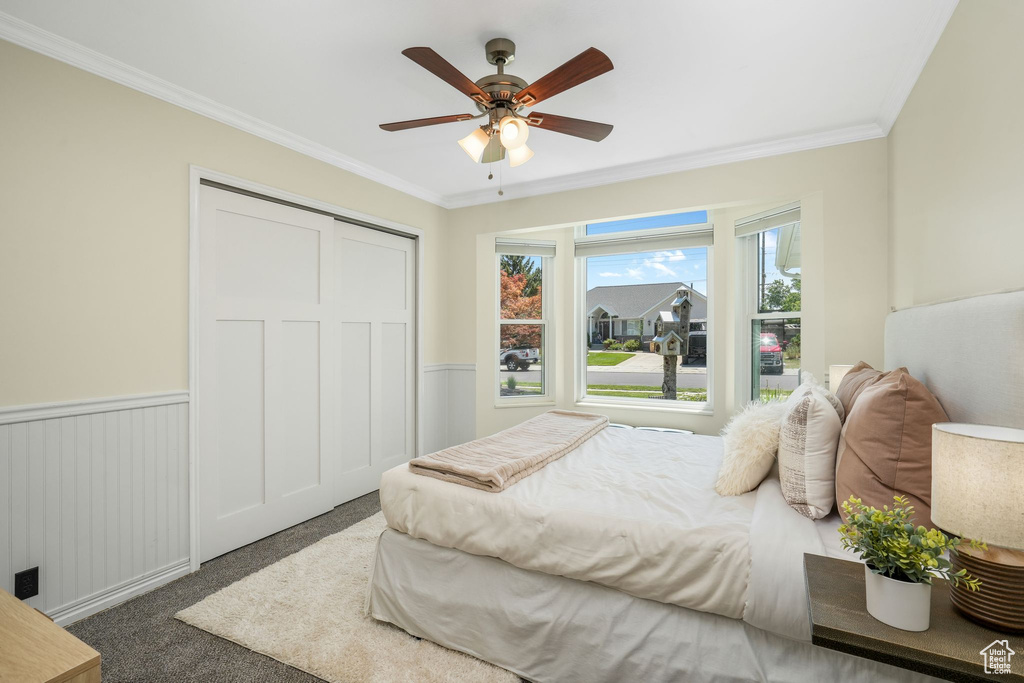 Bedroom featuring crown molding, a closet, carpet floors, a wainscoted wall, and ceiling fan