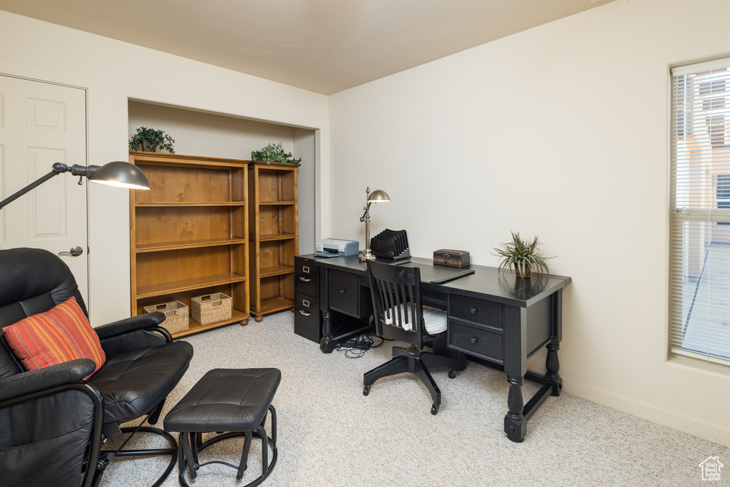 Carpeted home office with baseboards