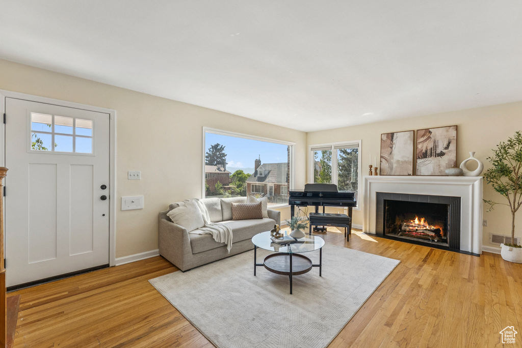 Living area with plenty of natural light, light wood-type flooring, and a fireplace with flush hearth