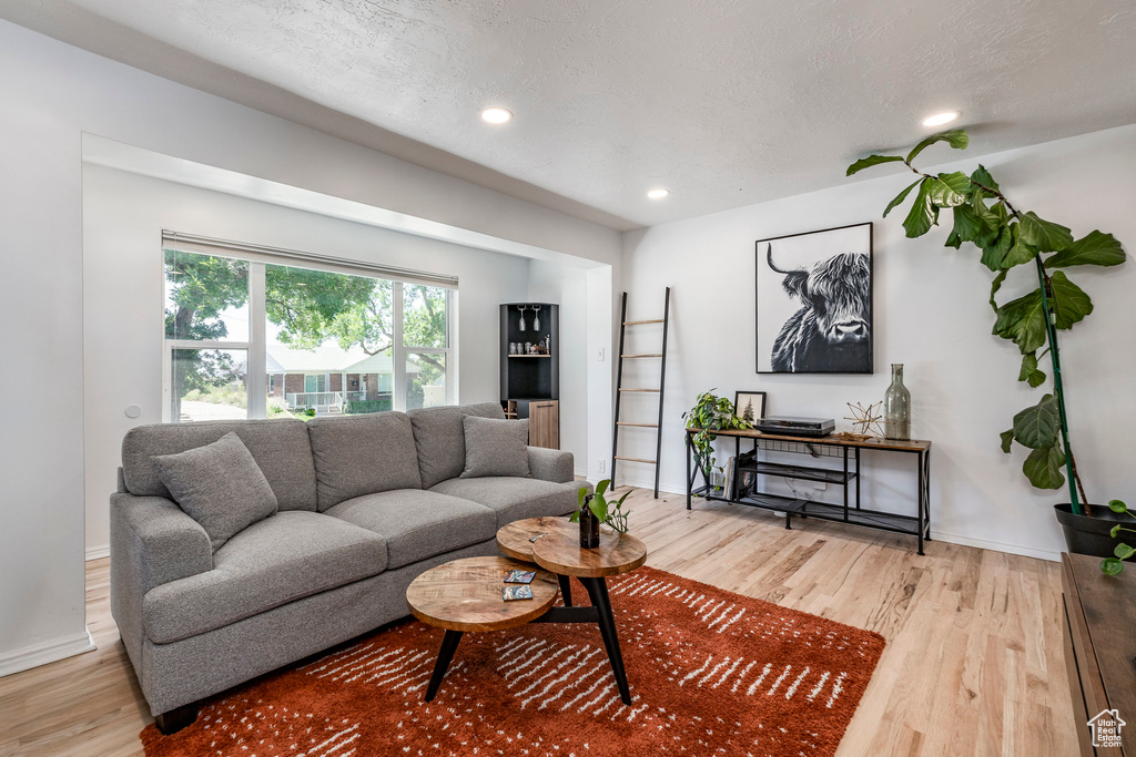 Living area featuring light wood-style floors and recessed lighting