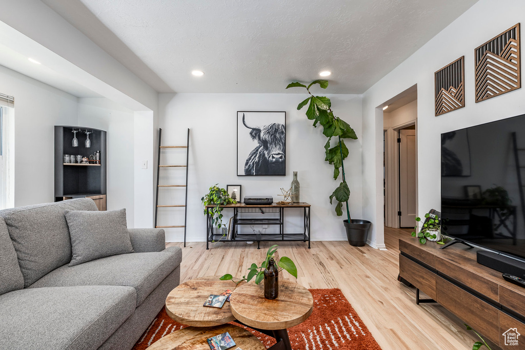 Living area featuring light wood-style floors and recessed lighting