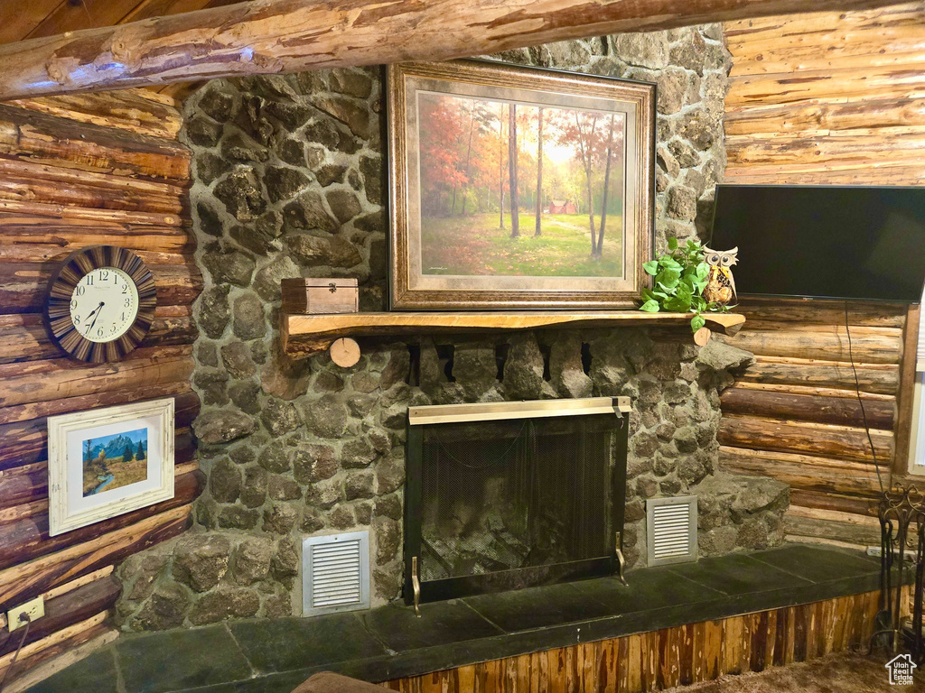 Detailed view of a stone fireplace
