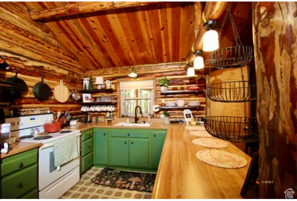 Kitchen featuring electric range, log walls, lofted ceiling, open shelves, and wood ceiling