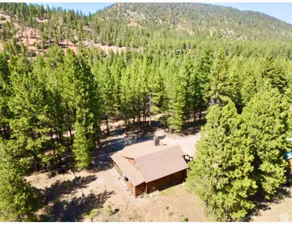 View from above of property with a heavily wooded area and mountains