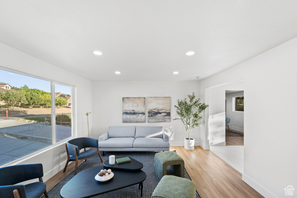 Living room with recessed lighting and wood finished floors