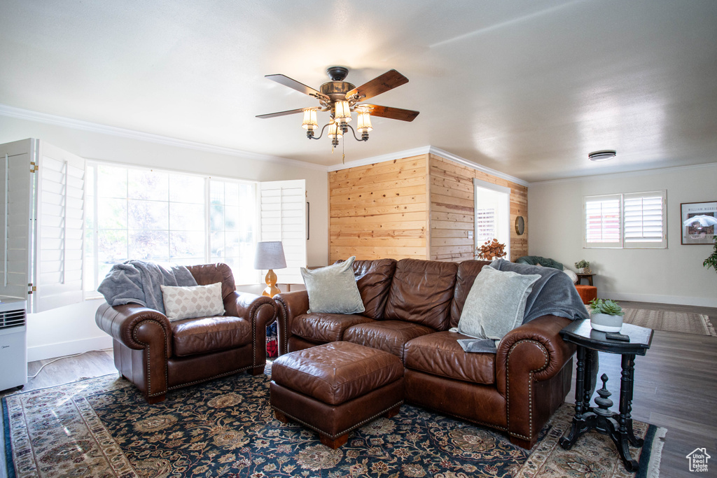 Living area featuring ceiling fan, crown molding, and wood finished floors