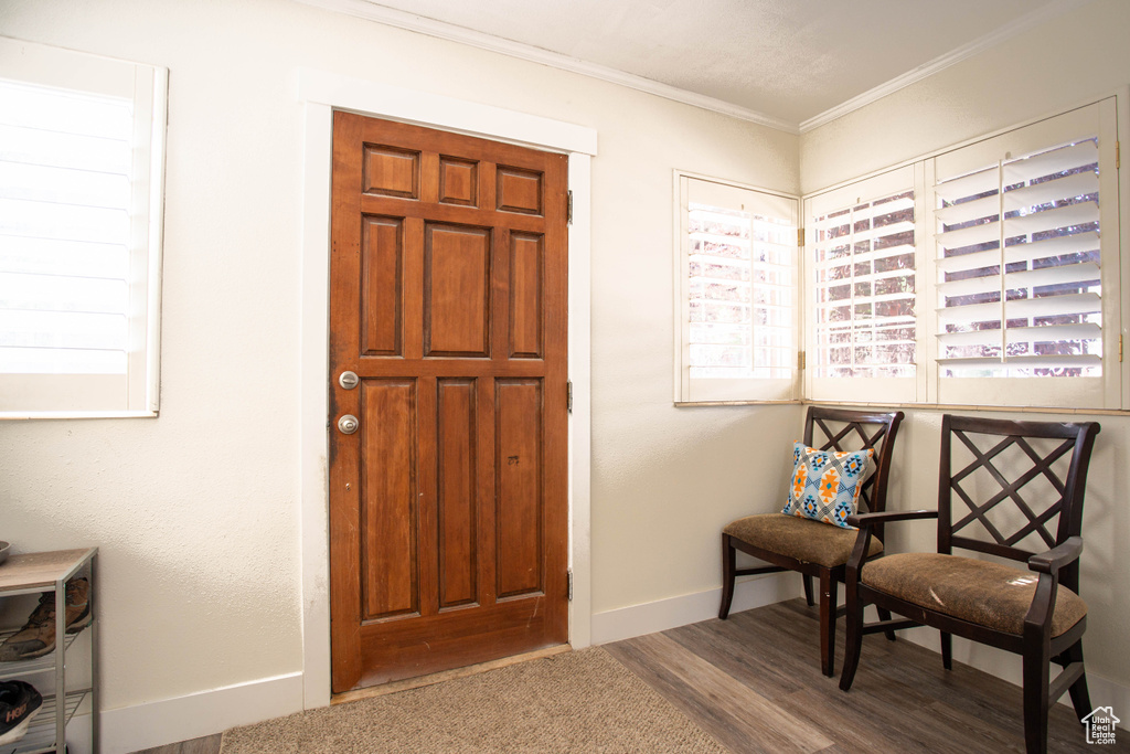 Foyer featuring ornamental molding, wood finished floors, and plenty of natural light