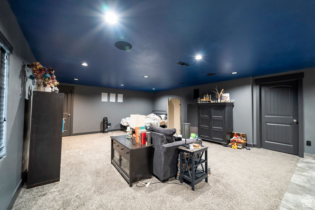 Carpeted cinema with arched walkways and recessed lighting