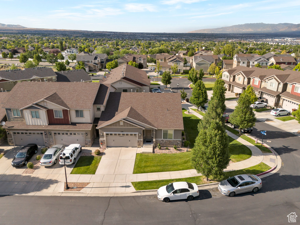Aerial perspective of suburban area with mountains