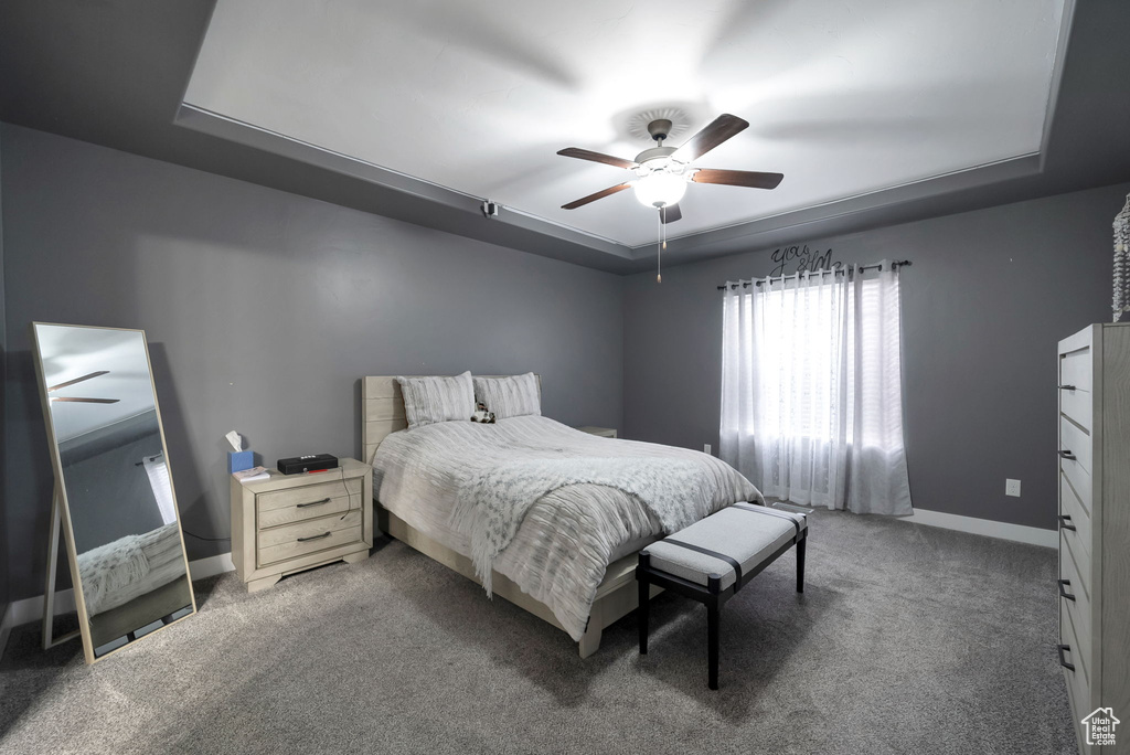 Carpeted bedroom with a tray ceiling and ceiling fan