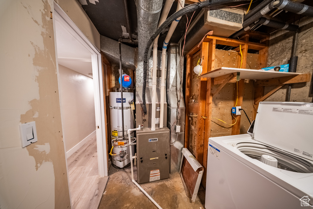 Utility room with secured water heater, washer / dryer, and heating unit