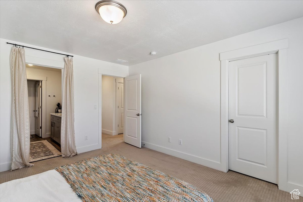 Bedroom with light colored carpet and ensuite bathroom