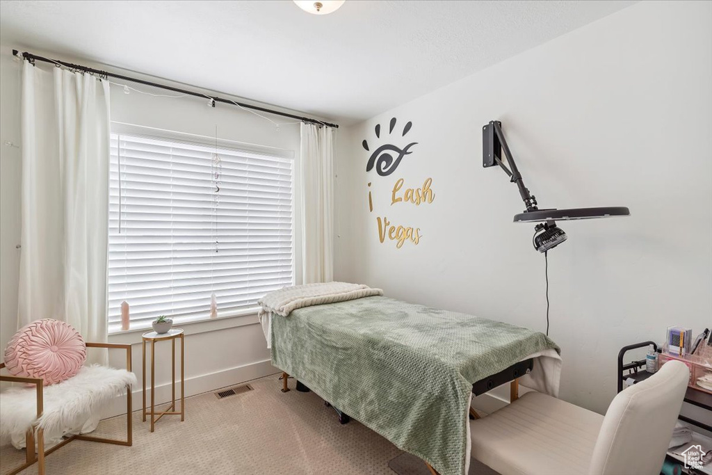 Bedroom with carpet floors and baseboards