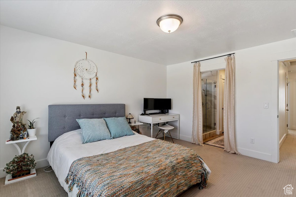 Carpeted bedroom featuring baseboards and connected bathroom