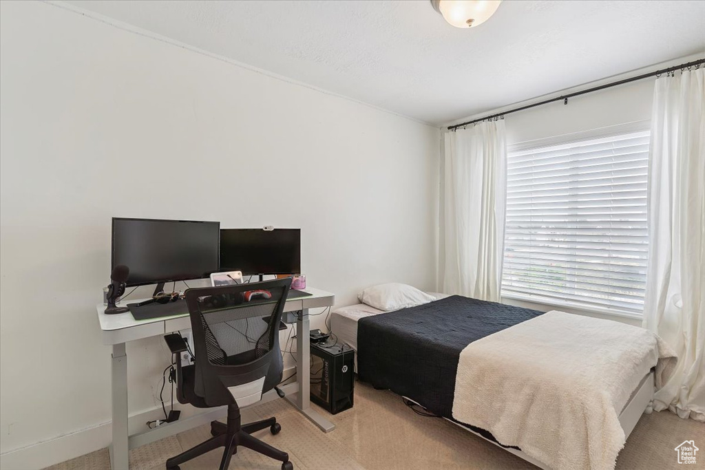 Bedroom with light colored carpet and an office area
