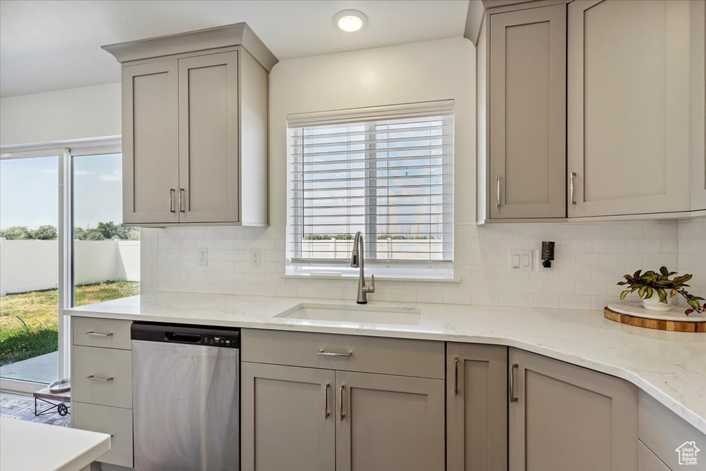 Kitchen featuring stainless steel dishwasher, gray cabinetry, decorative backsplash, and healthy amount of natural light