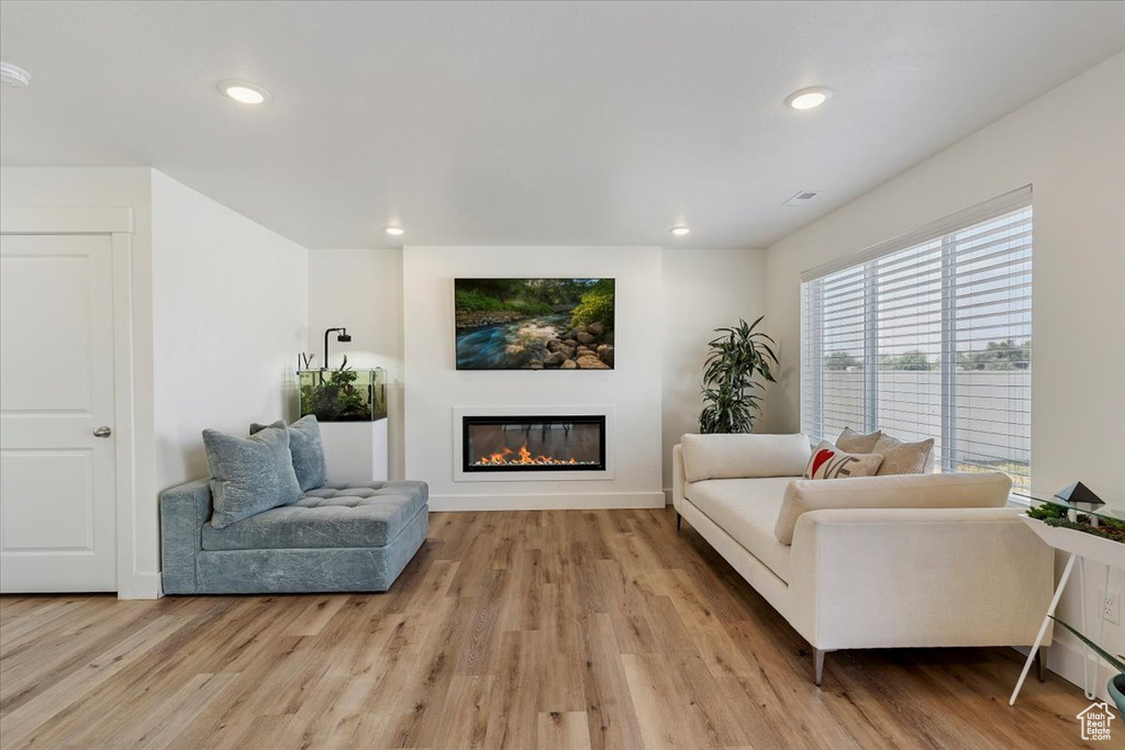 Living room featuring light wood-style flooring, a glass covered fireplace, and recessed lighting